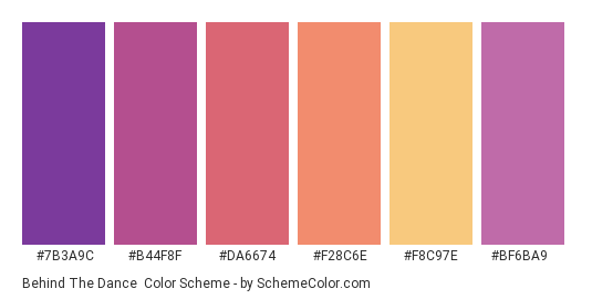 Behind the Dance - Color scheme palette thumbnail - #7b3a9c #b44f8f #da6674 #f28c6e #f8c97e #bf6ba9 