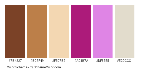 Fragrant Flower - Color scheme palette thumbnail - #7b4227 #bc7f49 #f3d7b2 #ac1b7a #df85e5 #e2dccc 