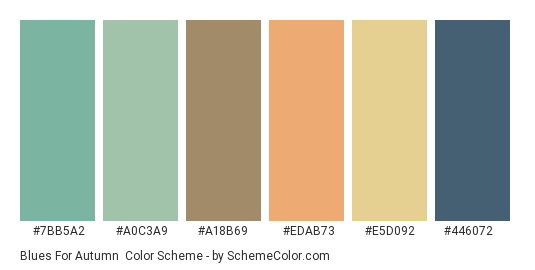 Blues for Autumn - Color scheme palette thumbnail - #7bb5a2 #a0c3a9 #a18b69 #edab73 #e5d092 #446072 