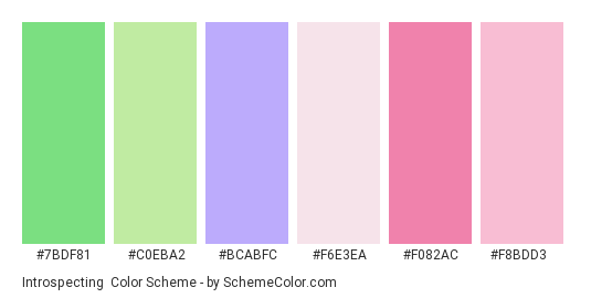 Introspecting - Color scheme palette thumbnail - #7bdf81 #c0eba2 #bcabfc #f6e3ea #f082ac #f8bdd3 