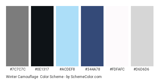 Winter Camouflage - Color scheme palette thumbnail - #7c7c7c #0e1317 #acdef8 #344a78 #fdfafc #d6d6d6 