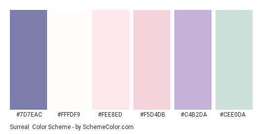 Surreal - Color scheme palette thumbnail - #7d7eac #fffdf9 #fee8ed #f5d4db #c4b2da #cee0da 