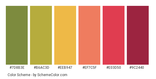 Hanging out in Autumn - Color scheme palette thumbnail - #7d8b3e #b6ac3d #eeb947 #ef7c5f #e03d50 #9c2440 