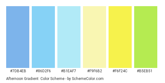Afternoon Gradient - Color scheme palette thumbnail - #7db4eb #86d2f6 #b1eaf7 #f9f6b2 #f6f24c #b5eb51 