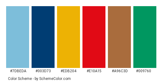 Colorful port - Color scheme palette thumbnail - #7dbeda #003d73 #edb204 #e10a15 #a96c3d #009760 