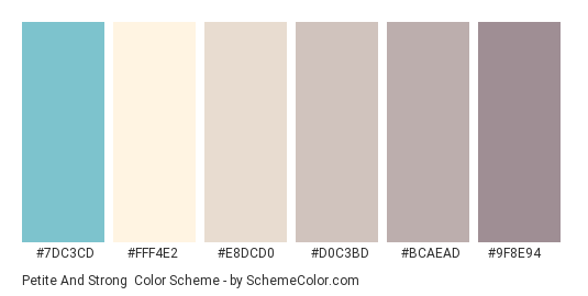 Petite and Strong - Color scheme palette thumbnail - #7dc3cd #fff4e2 #e8dcd0 #d0c3bd #bcaead #9f8e94 