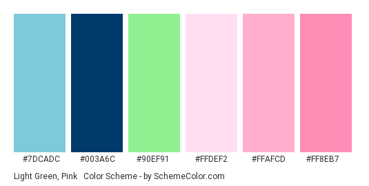 Light Green, Pink & Blue - Color scheme palette thumbnail - #7dcadc #003a6c #90ef91 #ffdef2 #ffafcd #ff8eb7 