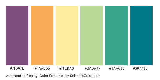 Augmented Reality - Color scheme palette thumbnail - #7f507e #faad55 #ffeda0 #bada97 #3aa68c #007785 