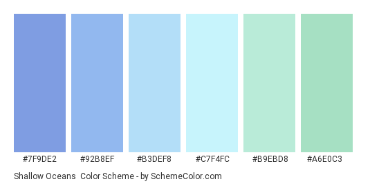 Shallow Oceans - Color scheme palette thumbnail - #7f9de2 #92b8ef #b3def8 #c7f4fc #b9ebd8 #a6e0c3 