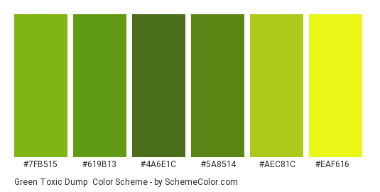 Green Toxic Dump - Color scheme palette thumbnail - #7fb515 #619b13 #4a6e1c #5a8514 #aec81c #eaf616 
