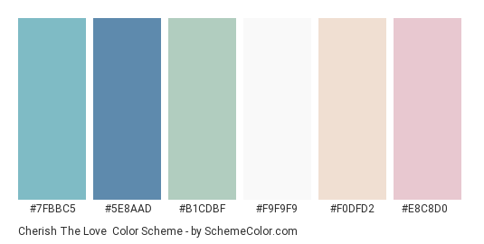 Cherish the Love - Color scheme palette thumbnail - #7fbbc5 #5e8aad #b1cdbf #f9f9f9 #f0dfd2 #e8c8d0 