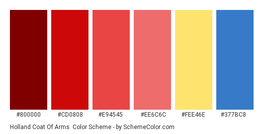 Holland Coat Of Arms - Color scheme palette thumbnail - #800000 #cd0808 #e94545 #ee6c6c #fee46e #377bc8 