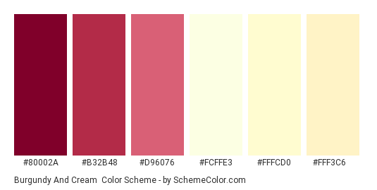 Burgundy and Cream - Color scheme palette thumbnail - #80002A #B32B48 #D96076 #FCFFE3 #FFFCD0 #FFF3C6 