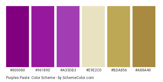 Purples Paste - Color scheme palette thumbnail - #800080 #96189d #a33db3 #E9E2C0 #bda856 #a88a40 