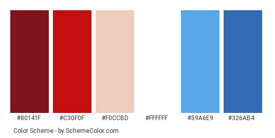 Christmas Sky - Color scheme palette thumbnail - #80141f #c30f0f #f0ccbd #ffffff #59a6e9 #326ab4 