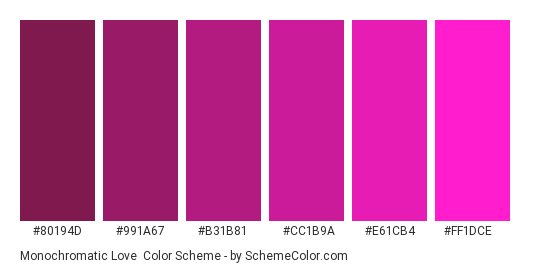 Monochromatic Love - Color scheme palette thumbnail - #80194D #991A67 #B31B81 #CC1B9A #E61CB4 #FF1DCE 