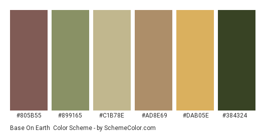 Base on Earth - Color scheme palette thumbnail - #805b55 #899165 #c1b78e #ad8e69 #dab05e #384324 