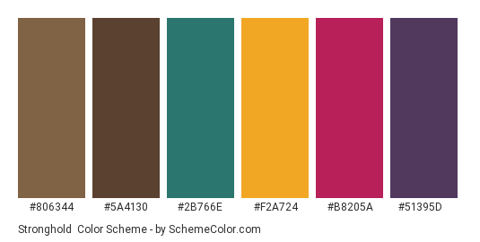 Stronghold - Color scheme palette thumbnail - #806344 #5a4130 #2b766e #f2a724 #b8205a #51395d 