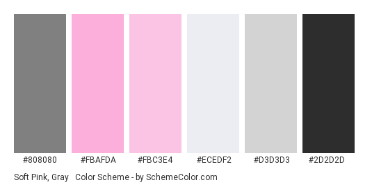 Soft Pink, Gray & Black - Color scheme palette thumbnail - #808080 #fbafda #fbc3e4 #ecedf2 #d3d3d3 #2d2d2d 
