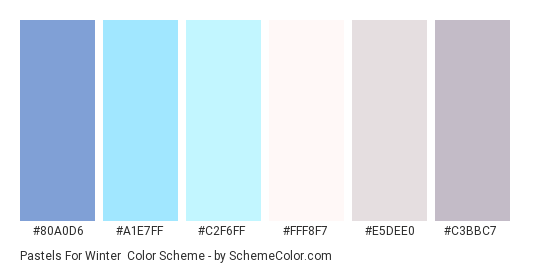 Pastels for Winter - Color scheme palette thumbnail - #80A0D6 #A1E7FF #C2F6FF #FFF8F7 #E5DEE0 #C3BBC7 
