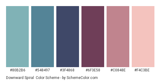 Downward Spiral - Color scheme palette thumbnail - #80B2B6 #548497 #3F4868 #6F3E58 #C0848E #F4C3BE 
