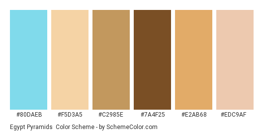 Egypt Pyramids - Color scheme palette thumbnail - #80DAEB #F5D3A5 #C2985E #7A4F25 #E2AB68 #EDC9AF 