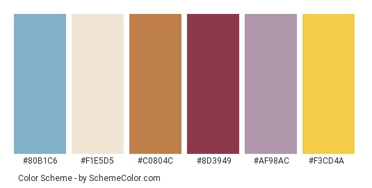Evening at Home - Color scheme palette thumbnail - #80b1c6 #f1e5d5 #c0804c #8d3949 #af98ac #f3cd4a 