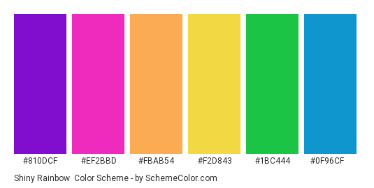 Shiny Rainbow - Color scheme palette thumbnail - #810DCF #EF2BBD #FBAB54 #F2D843 #1BC444 #0F96CF 