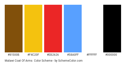 Malawi Coat of arms - Color scheme palette thumbnail - #81500b #f4c20f #eb2626 #58a0ff #ffffff #000000 
