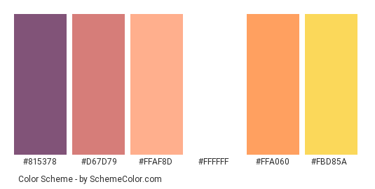 Powerful Lightning - Color scheme palette thumbnail - #815378 #d67d79 #ffaf8d #ffffff #ffa060 #fbd85a 