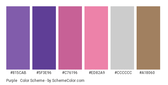 Purple & Pink Winter - Color scheme palette thumbnail - #815CAB #5F3E96 #C76196 #ED82A9 #CCCCCC #A18060 