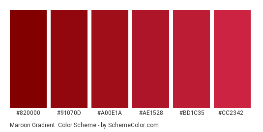 Maroon Gradient - Color scheme palette thumbnail - #820000 #91070D #A00E1A #AE1528 #BD1C35 #CC2342 