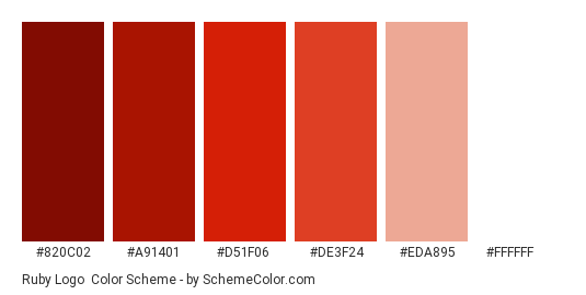 Ruby Logo - Color scheme palette thumbnail - #820c02 #a91401 #d51f06 #de3f24 #eda895 #ffffff 
