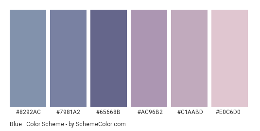 Blue & Pink Pastels - Color scheme palette thumbnail - #8292AC #7981A2 #65668B #AC96B2 #C1AABD #E0C6D0 