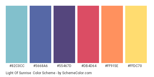 Light of Sunrise - Color scheme palette thumbnail - #82C0CC #5668A6 #55467D #DB4D64 #FF915E #FFDC70 