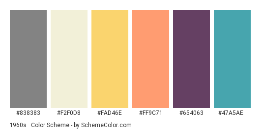 1960s #3 - Color scheme palette thumbnail - #838383 #F2F0D8 #FAD46E #FF9C71 #654063 #47A5AE 