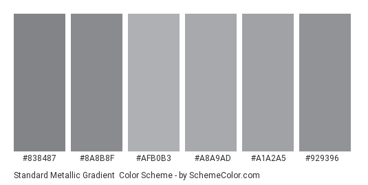 Standard Metallic Gradient - Color scheme palette thumbnail - #838487 #8A8B8F #AFB0B3 #A8A9AD #A1A2A5 #929396 