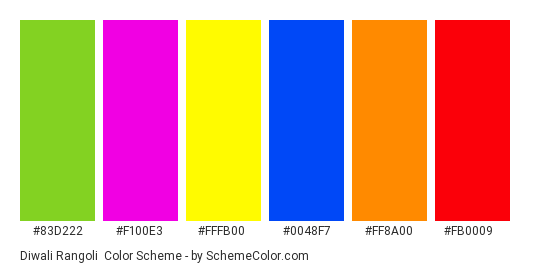 Diwali Rangoli - Color scheme palette thumbnail - #83d222 #f100e3 #fffb00 #0048f7 #ff8a00 #fb0009 