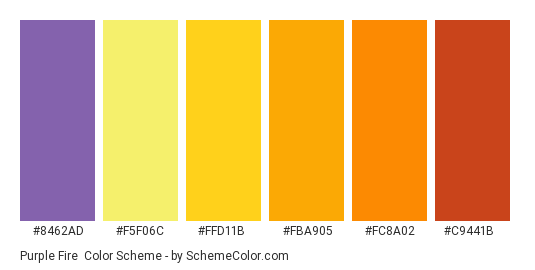 Purple Fire - Color scheme palette thumbnail - #8462ad #f5f06c #ffd11b #fba905 #fc8a02 #c9441b 