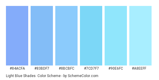 Light Blue Shades - Color scheme palette thumbnail - #84ACFA #83BDF7 #8BCBFC #7CD7F7 #90E6FC #A8EEFF 