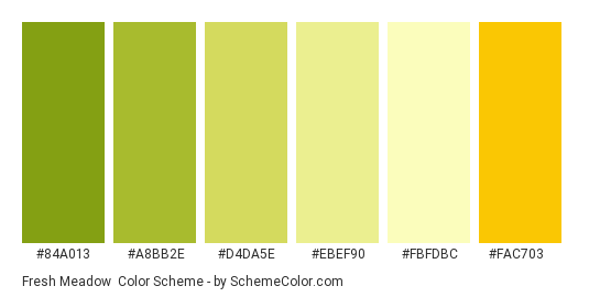 Fresh Meadow - Color scheme palette thumbnail - #84a013 #a8bb2e #d4da5e #ebef90 #fbfdbc #fac703 