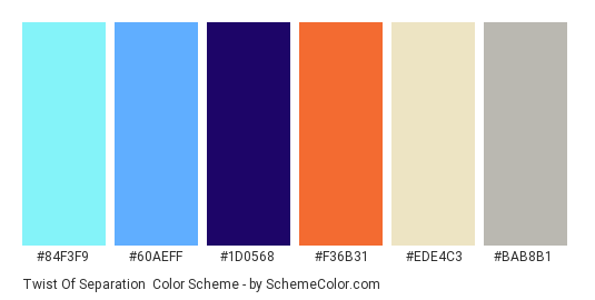 Twist of Separation - Color scheme palette thumbnail - #84f3f9 #60aeff #1d0568 #f36b31 #ede4c3 #bab8b1 
