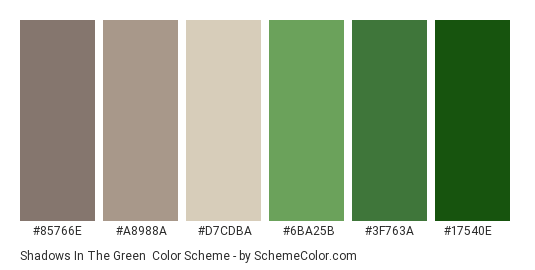 Shadows in the Green - Color scheme palette thumbnail - #85766e #a8988a #d7cdba #6ba25b #3f763a #17540e 