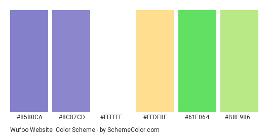 Wufoo Website - Color scheme palette thumbnail - #8580ca #8c87cd #ffffff #ffdf8f #61e064 #b8e986 