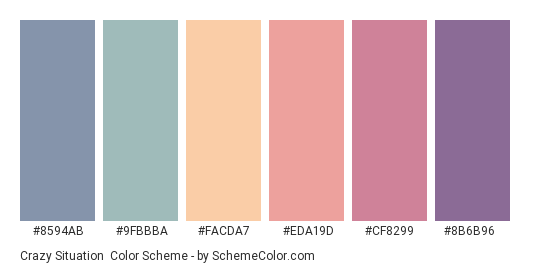 Crazy Situation - Color scheme palette thumbnail - #8594AB #9FBBBA #FACDA7 #EDA19D #CF8299 #8B6B96 