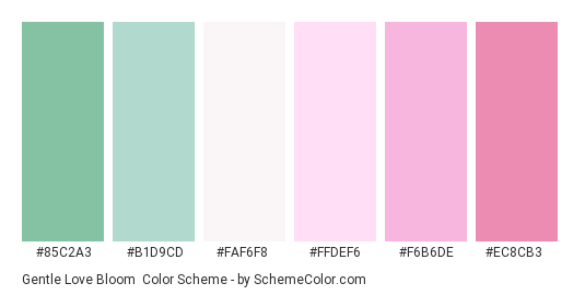 Gentle Love Bloom - Color scheme palette thumbnail - #85C2A3 #B1D9CD #FAF6F8 #FFDEF6 #F6B6DE #EC8CB3 
