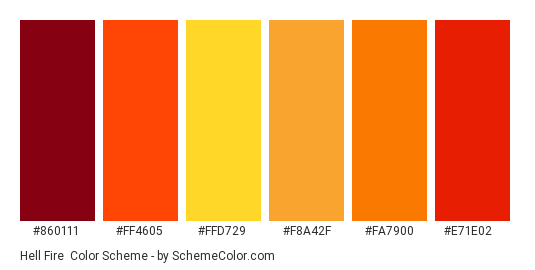 Hell Fire - Color scheme palette thumbnail - #860111 #ff4605 #ffd729 #f8a42f #fa7900 #e71e02 