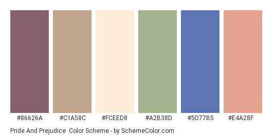Pride and Prejudice - Color scheme palette thumbnail - #86626A #C1A58C #FCEED8 #A2B38D #5D77B5 #E4A28F 