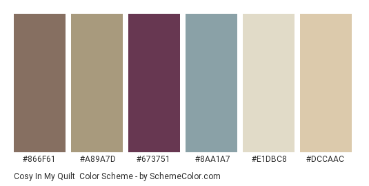 Cosy in my Quilt - Color scheme palette thumbnail - #866f61 #a89a7d #673751 #8aa1a7 #e1dbc8 #dccaac 