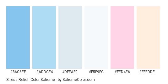 Stress Relief - Color scheme palette thumbnail - #86c6ee #addcf4 #dfeaf0 #f5f9fc #fed4e6 #ffedde 